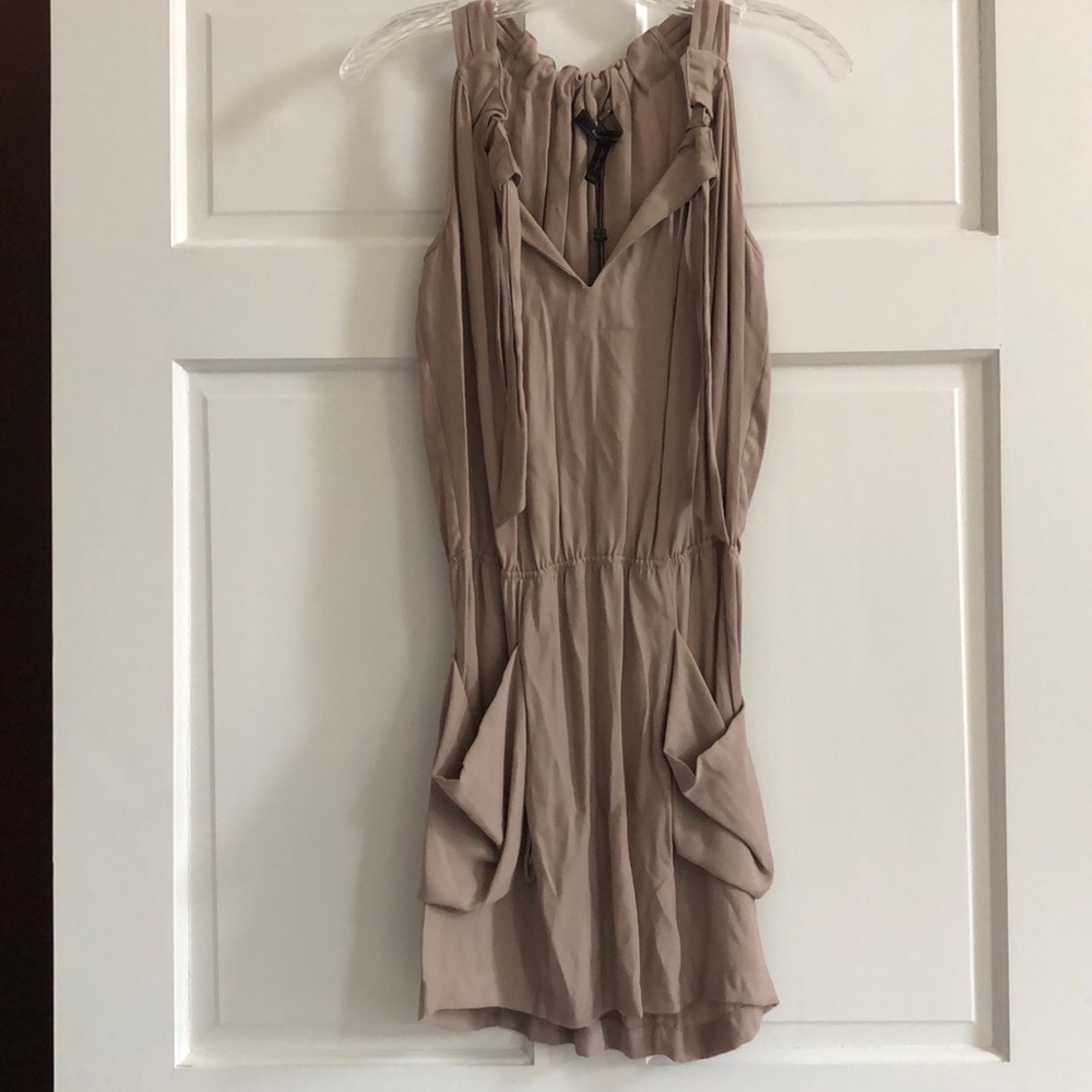 Tan dress with tie and cinched waist
